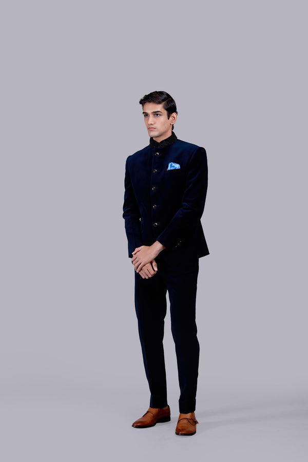 NAVY BLUE ITALIAN COTTON VELVET PEARL WORK JODHPURI