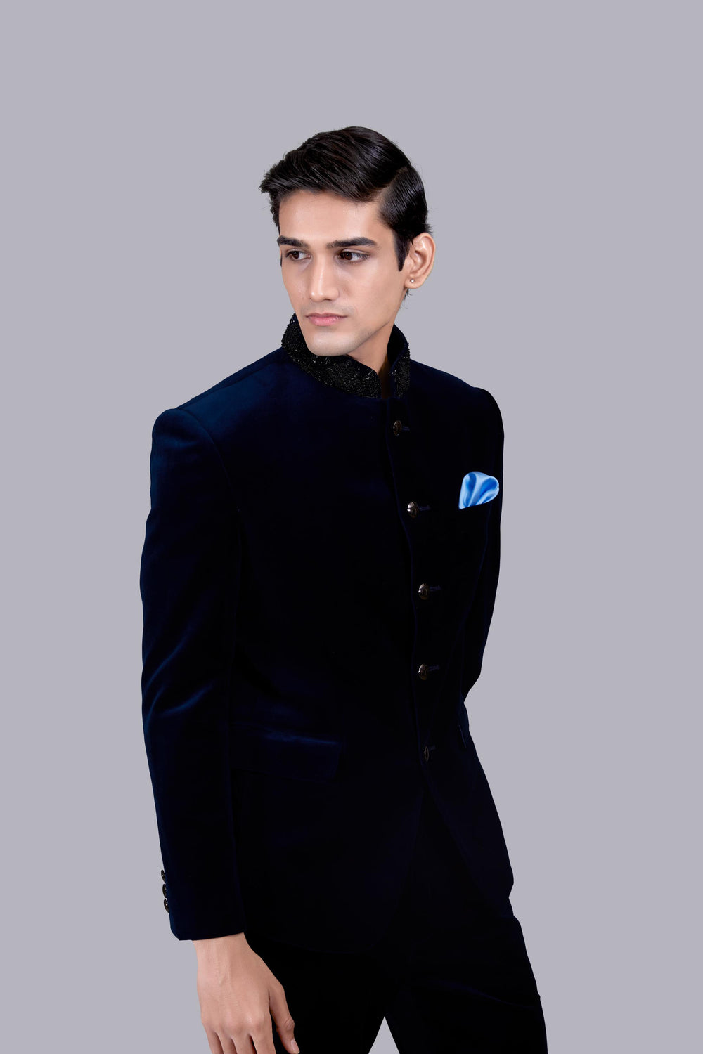 NAVY BLUE ITALIAN COTTON VELVET PEARL WORK JODHPURI