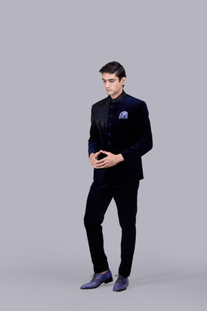 NAVY BLUE ITALIAN COTTON VELVET METAL WORK JODHPURI