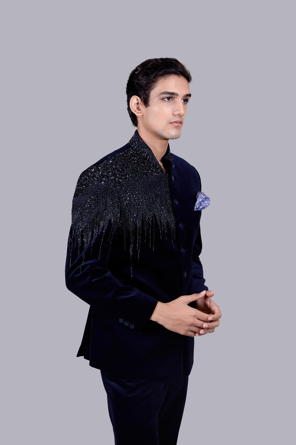 NAVY BLUE ITALIAN COTTON VELVET METAL WORK JODHPURI