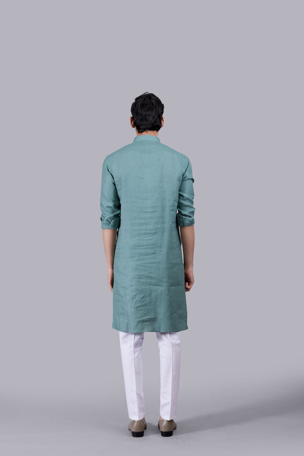 LIGHT TEAL BLUE LINEN KURTA SET