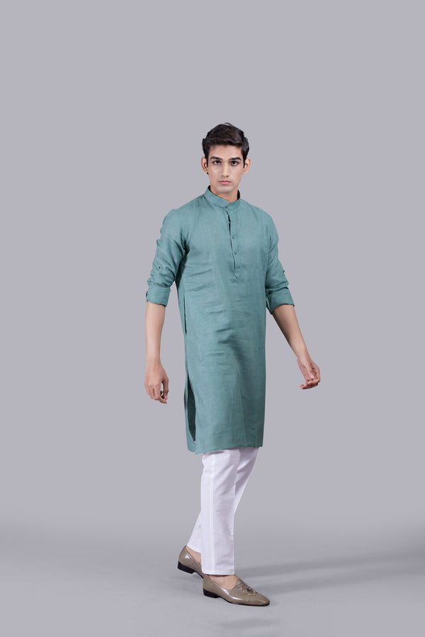 LIGHT TEAL BLUE LINEN KURTA SET