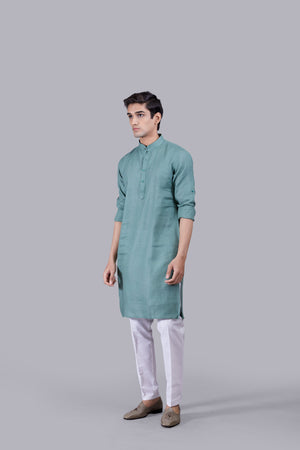 LIGHT TEAL BLUE LINEN KURTA SET