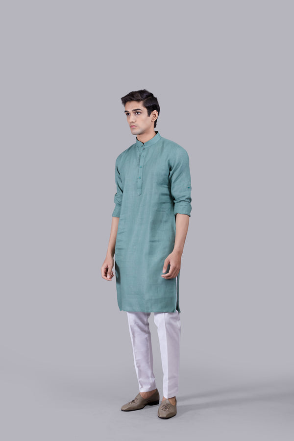 LIGHT TEAL BLUE LINEN KURTA SET