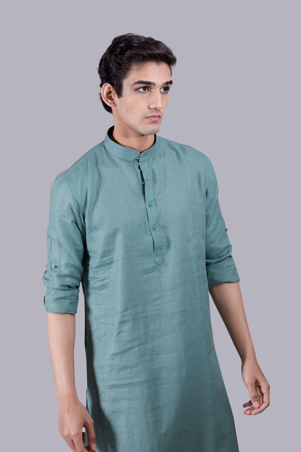 LIGHT TEAL BLUE LINEN KURTA SET