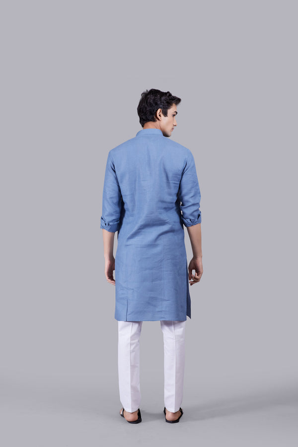 DARK POWDER BLUE LINEN KURTA SET