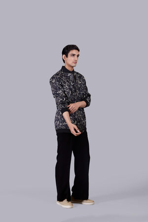 BLACK SATIN SILK PRINTED JACKET