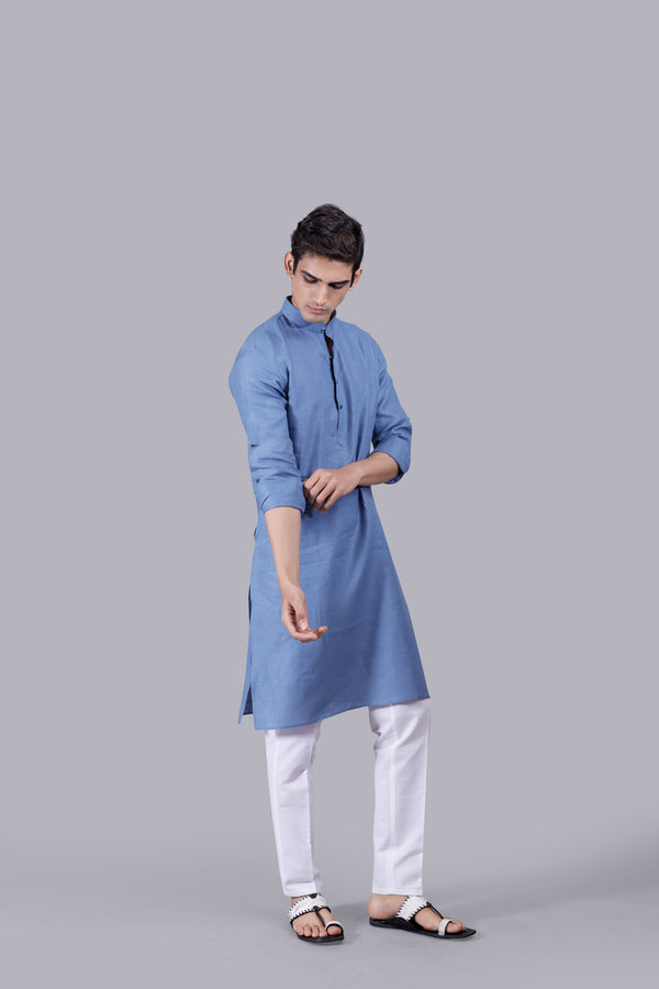DARK POWDER BLUE LINEN KURTA SET