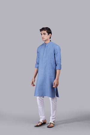 DARK POWDER BLUE LINEN KURTA SET