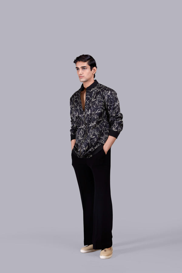 BLACK SATIN SILK PRINTED JACKET