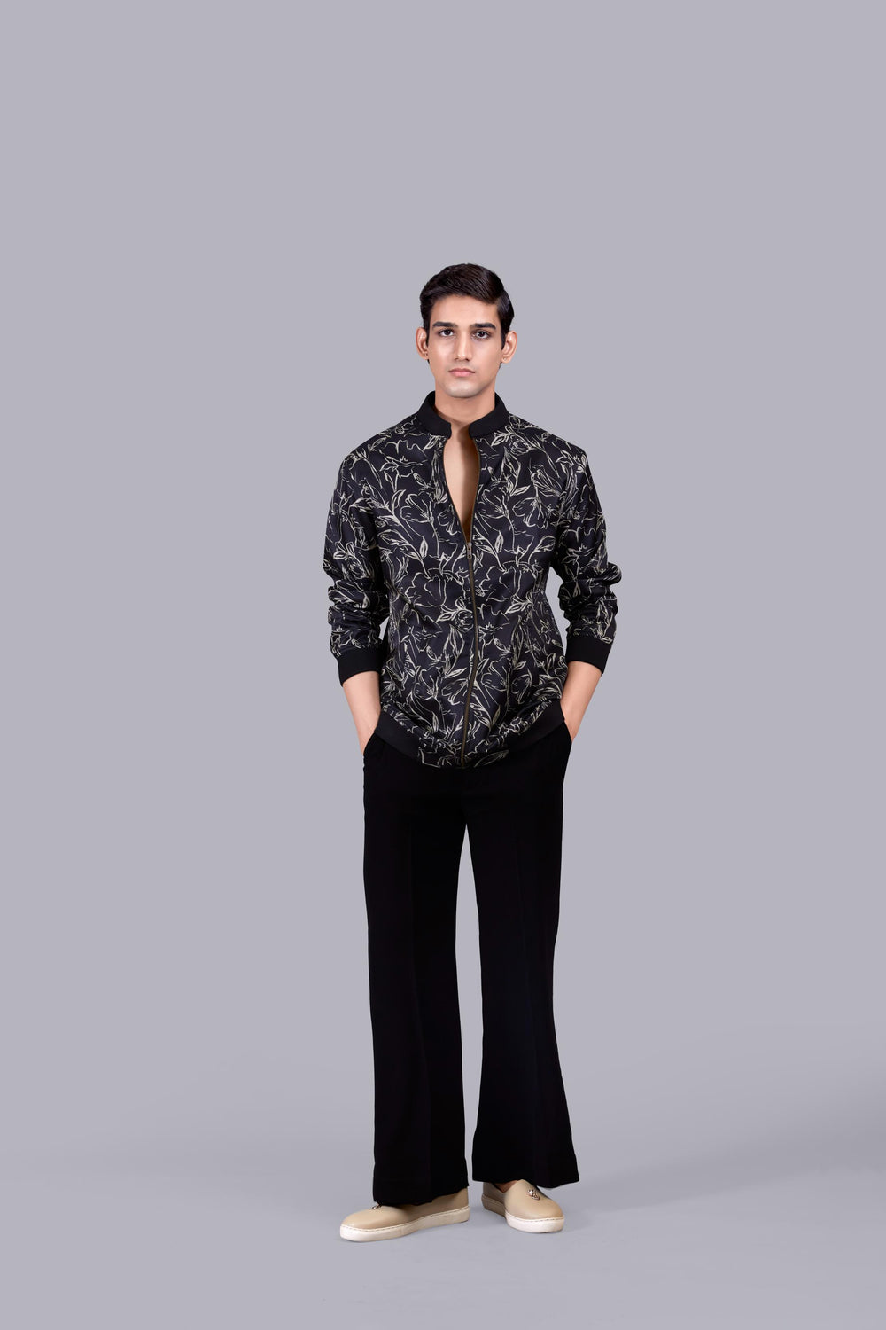 BLACK SATIN SILK PRINTED JACKET