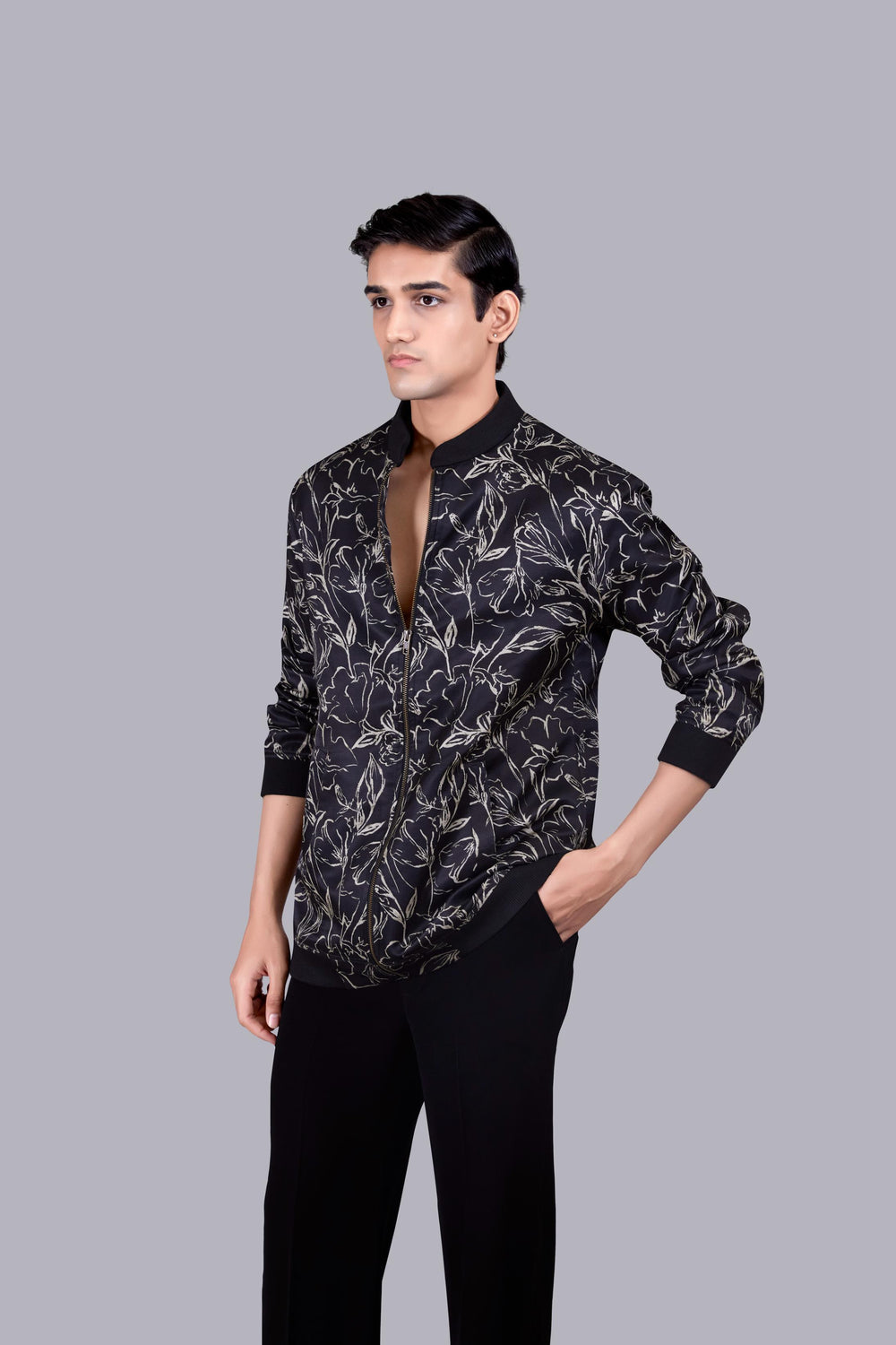 BLACK SATIN SILK PRINTED JACKET