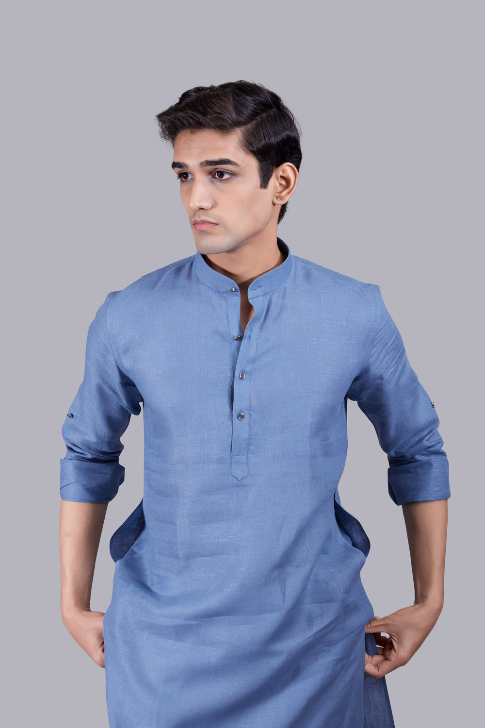 DARK POWDER BLUE LINEN KURTA SET