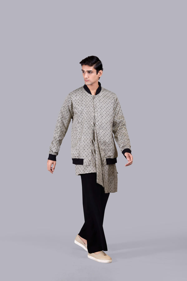GREY SATIN SILK PRINTED JACKET