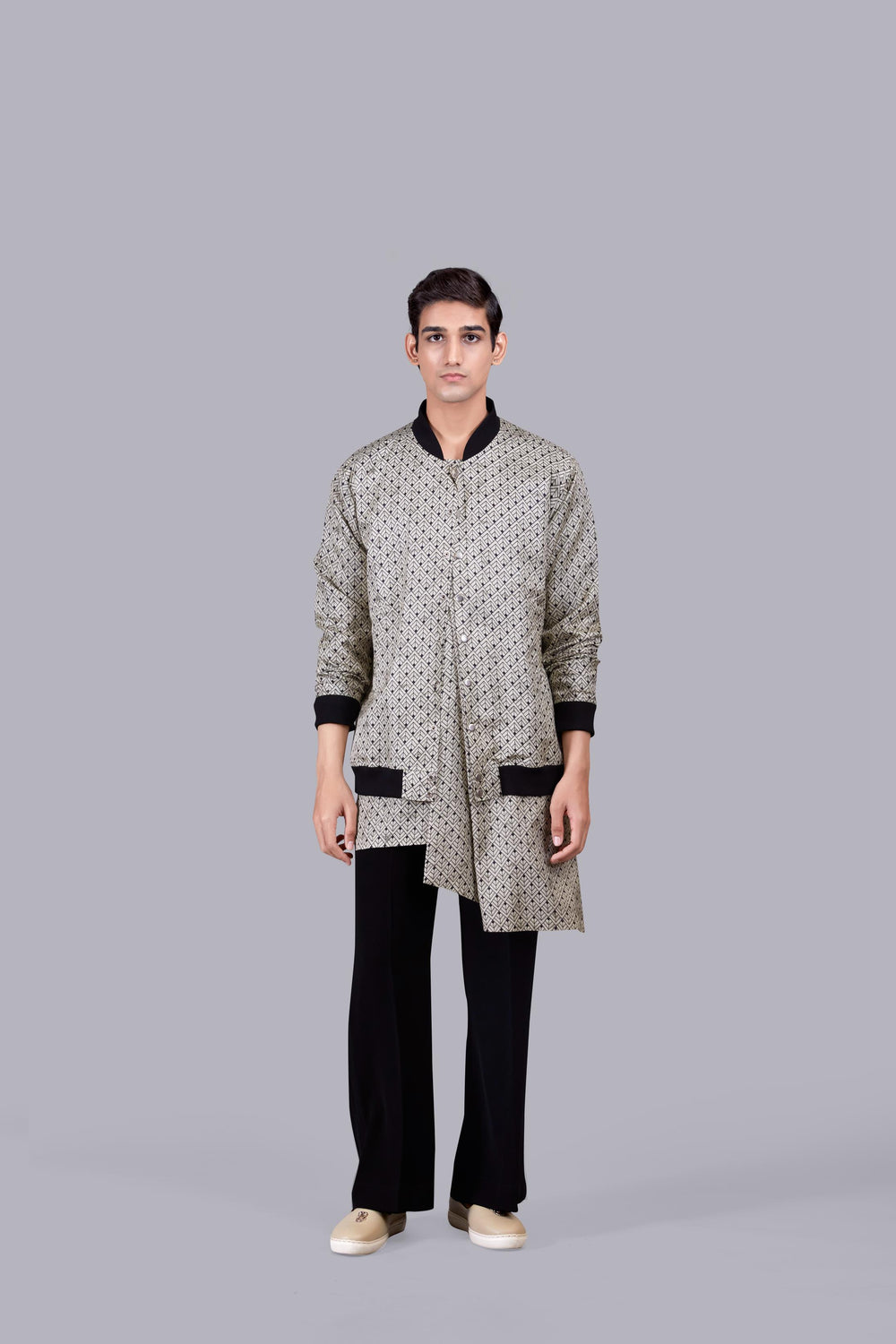 GREY SATIN SILK PRINTED JACKET
