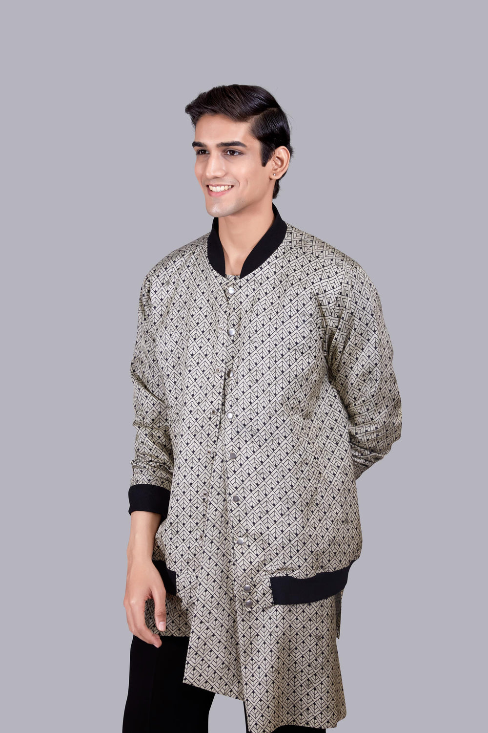 GREY SATIN SILK PRINTED JACKET