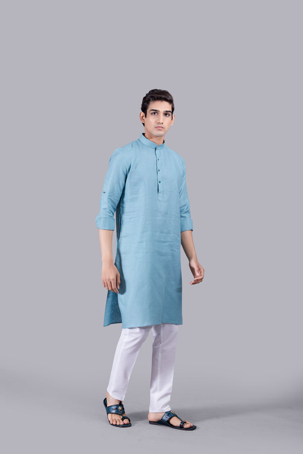AQUA BLUE LINEN KURTA SET
