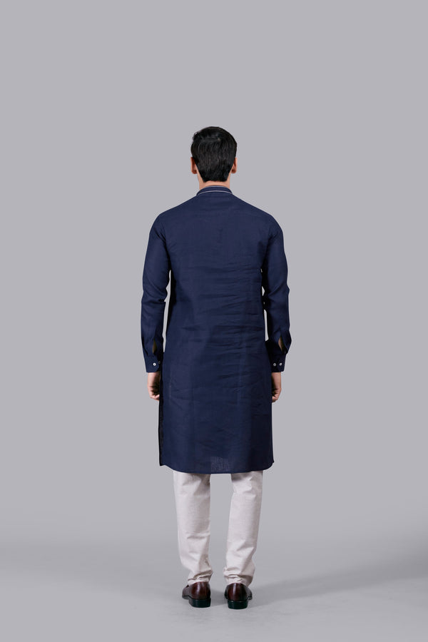 NAVY BLUE LINEN THREAD WORK KURTA SET