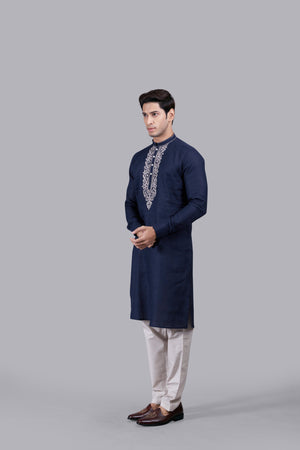 NAVY BLUE LINEN THREAD WORK KURTA SET