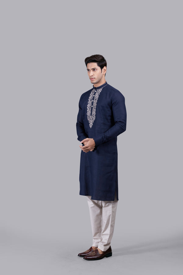 NAVY BLUE LINEN THREAD WORK KURTA SET