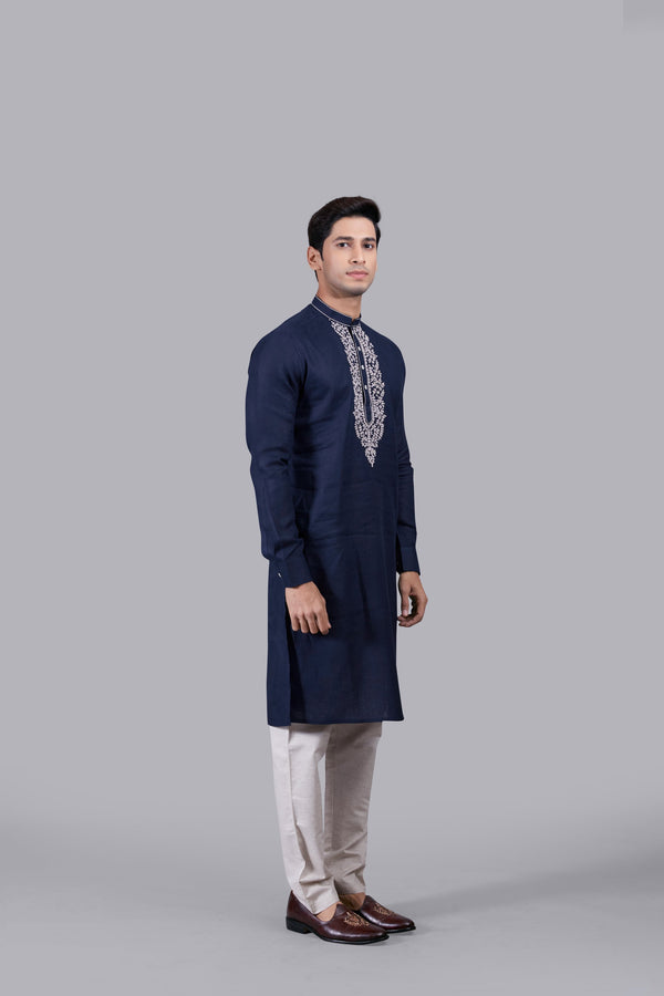 NAVY BLUE LINEN THREAD WORK KURTA SET