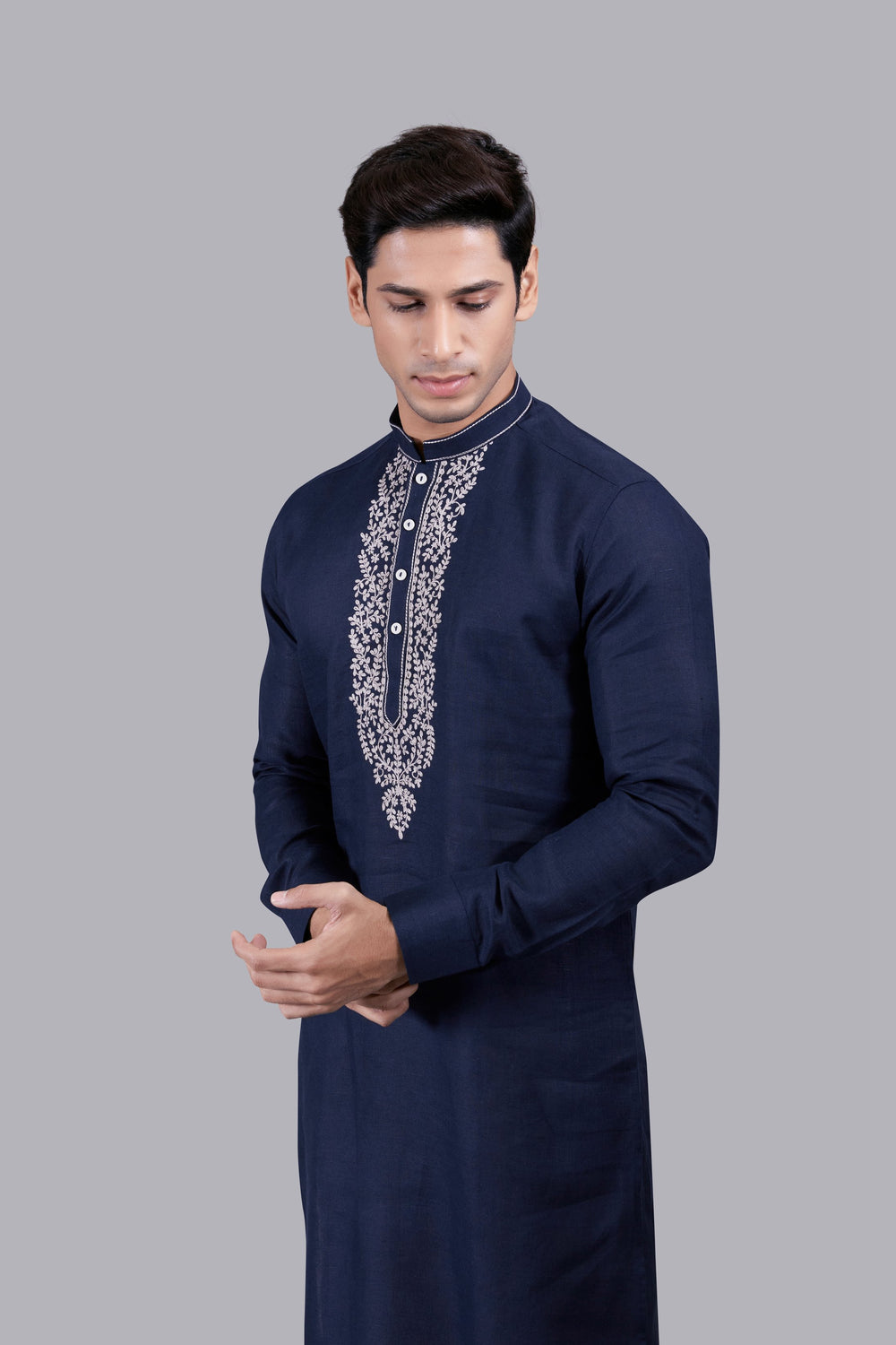 NAVY BLUE LINEN THREAD WORK KURTA SET