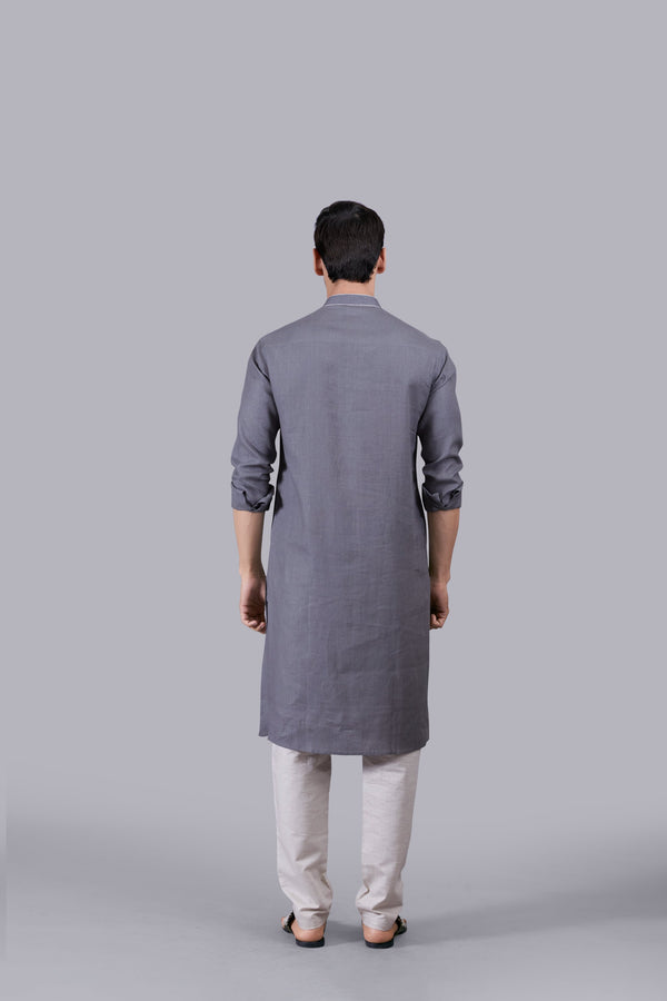 GREY LINEN THREAD WORK KURTA SET