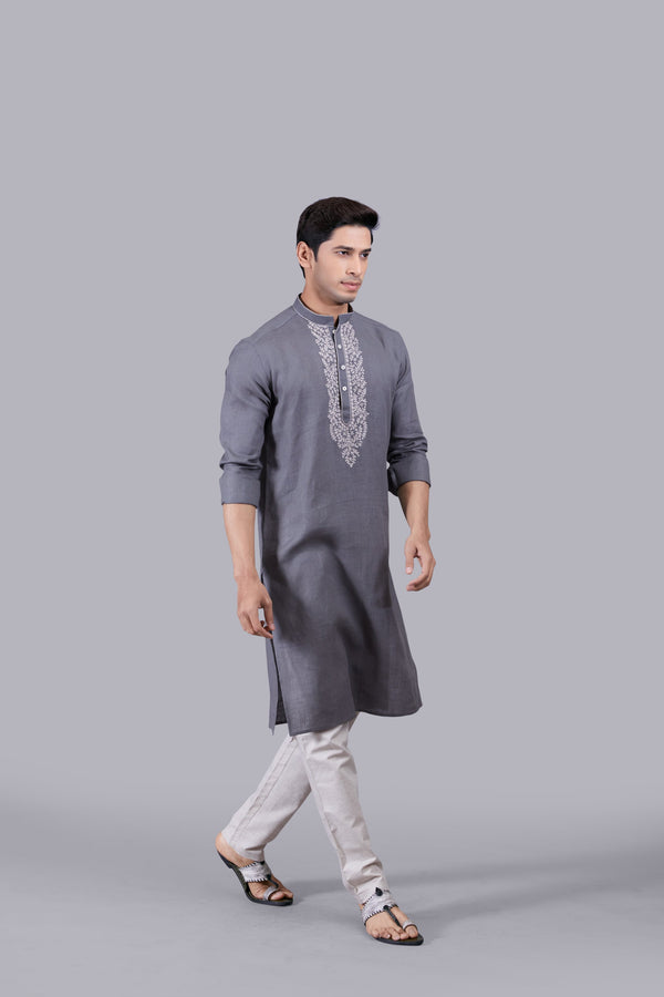 GREY LINEN THREAD WORK KURTA SET