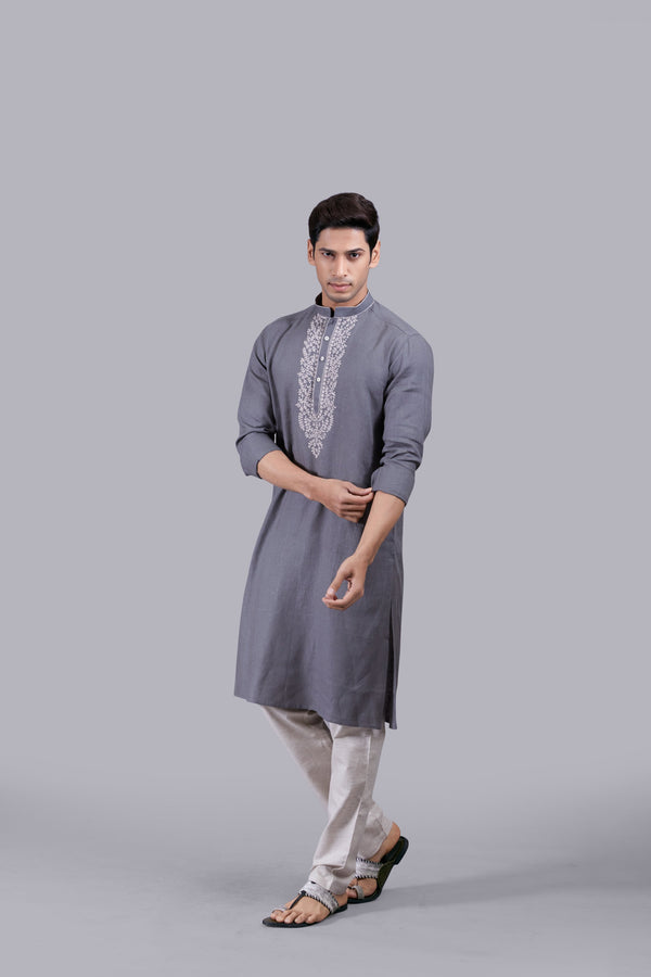 GREY LINEN THREAD WORK KURTA SET