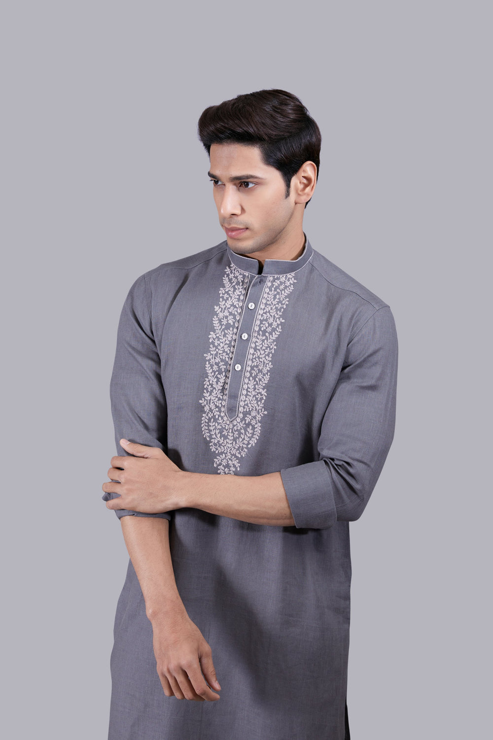 GREY LINEN THREAD WORK KURTA SET