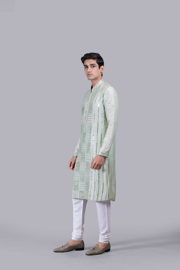 PISTACHIO PURE MYSURE SILK MIRROR WORK KURTA SET