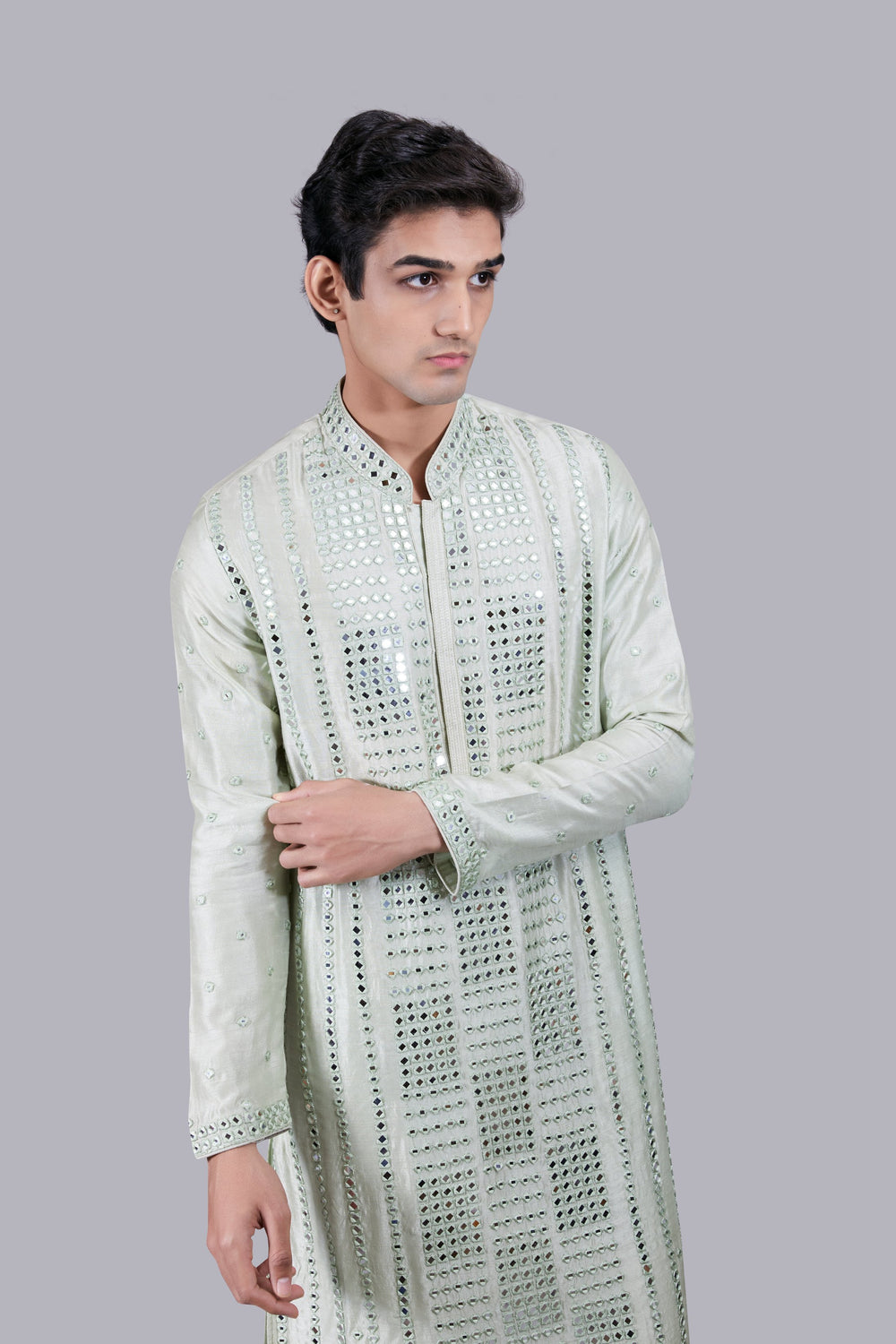 PISTACHIO PURE MYSURE SILK MIRROR WORK KURTA SET
