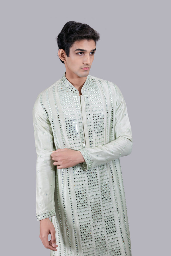 PISTACHIO PURE MYSURE SILK MIRROR WORK KURTA SET