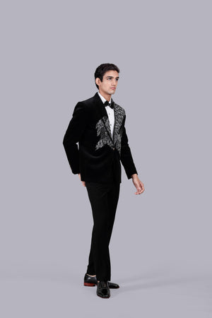 BLACK ITALIAN COTTON VELVET SEQUENCE WORK SUIT