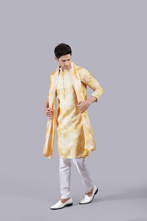 YELLOW LINEN SILK MIRROR WORK KURTA SET
