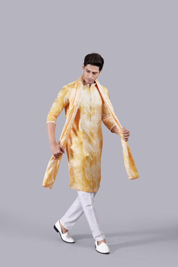YELLOW LINEN SILK MIRROR WORK KURTA SET