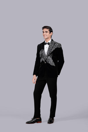 BLACK ITALIAN COTTON VELVET SEQUENCE WORK SUIT