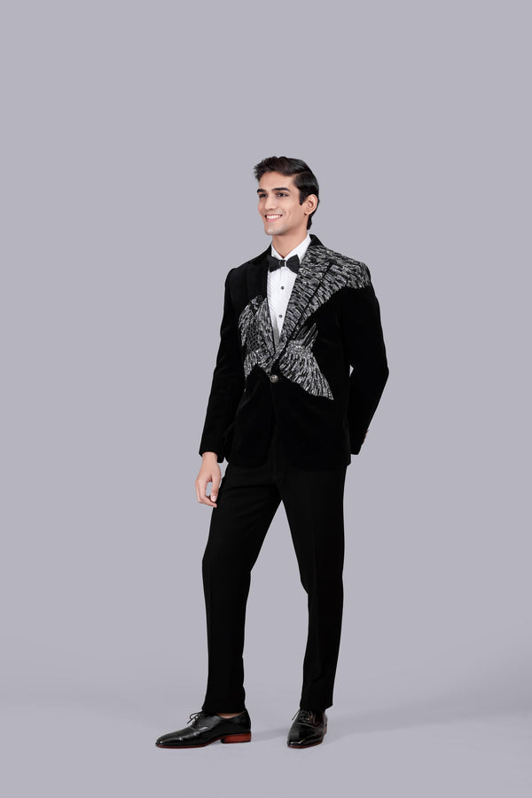 BLACK ITALIAN COTTON VELVET SEQUENCE WORK SUIT