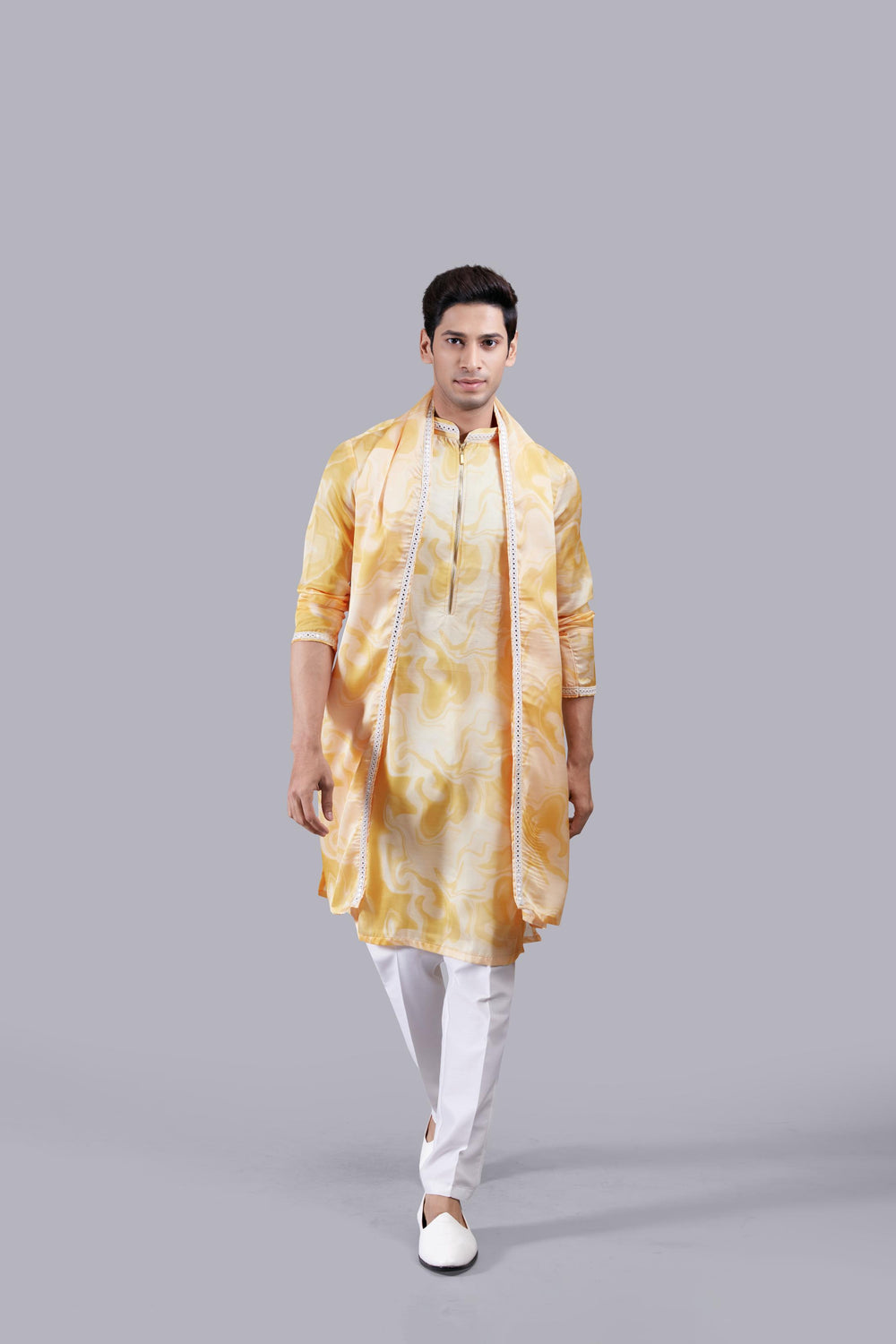 YELLOW LINEN SILK MIRROR WORK KURTA SET