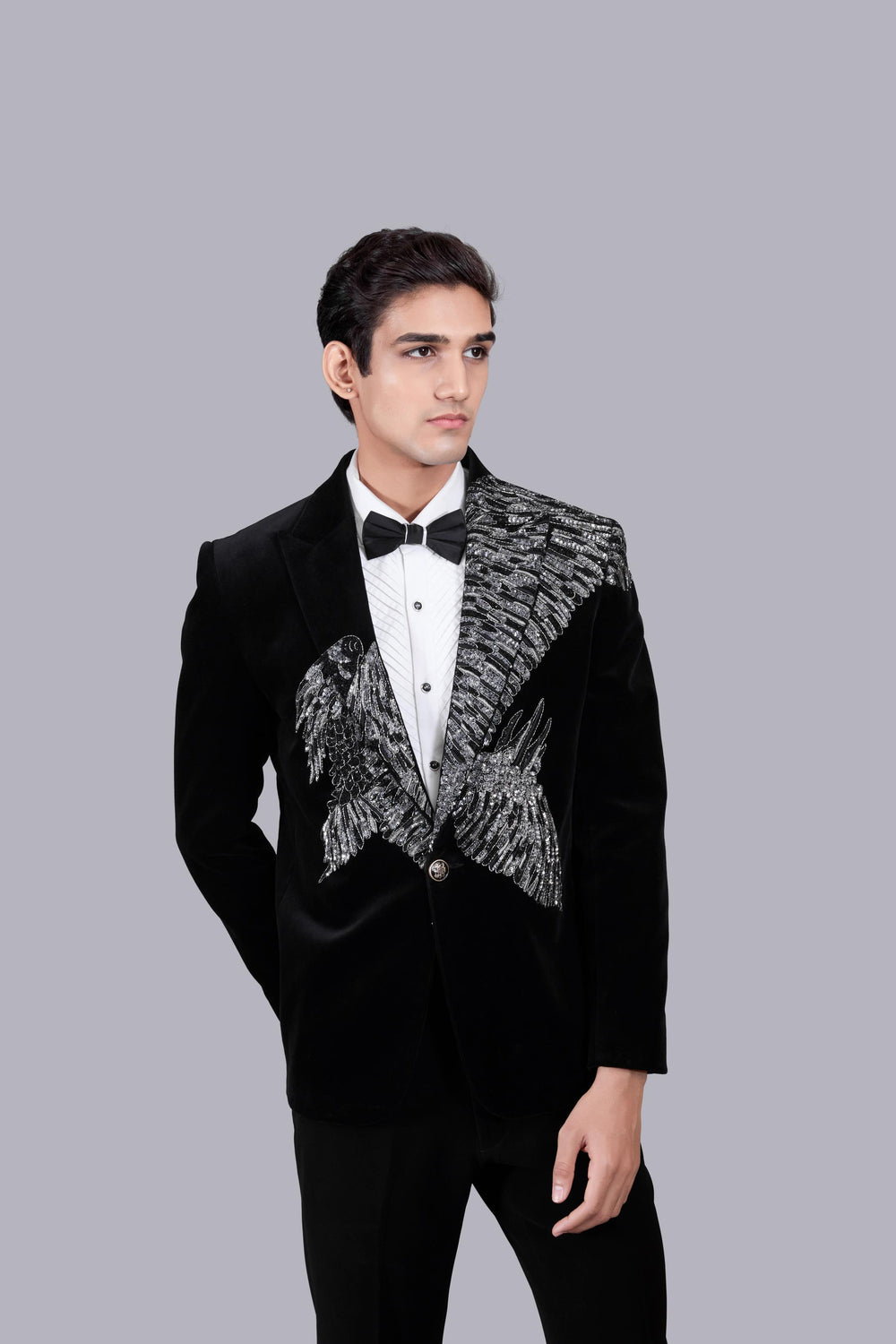 BLACK ITALIAN COTTON VELVET SEQUENCE WORK SUIT