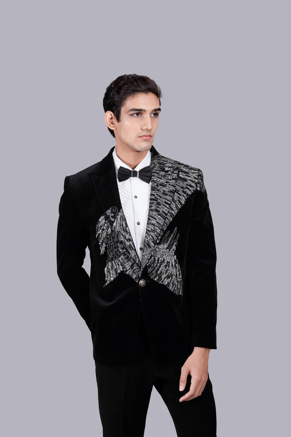 BLACK ITALIAN COTTON VELVET SEQUENCE WORK SUIT