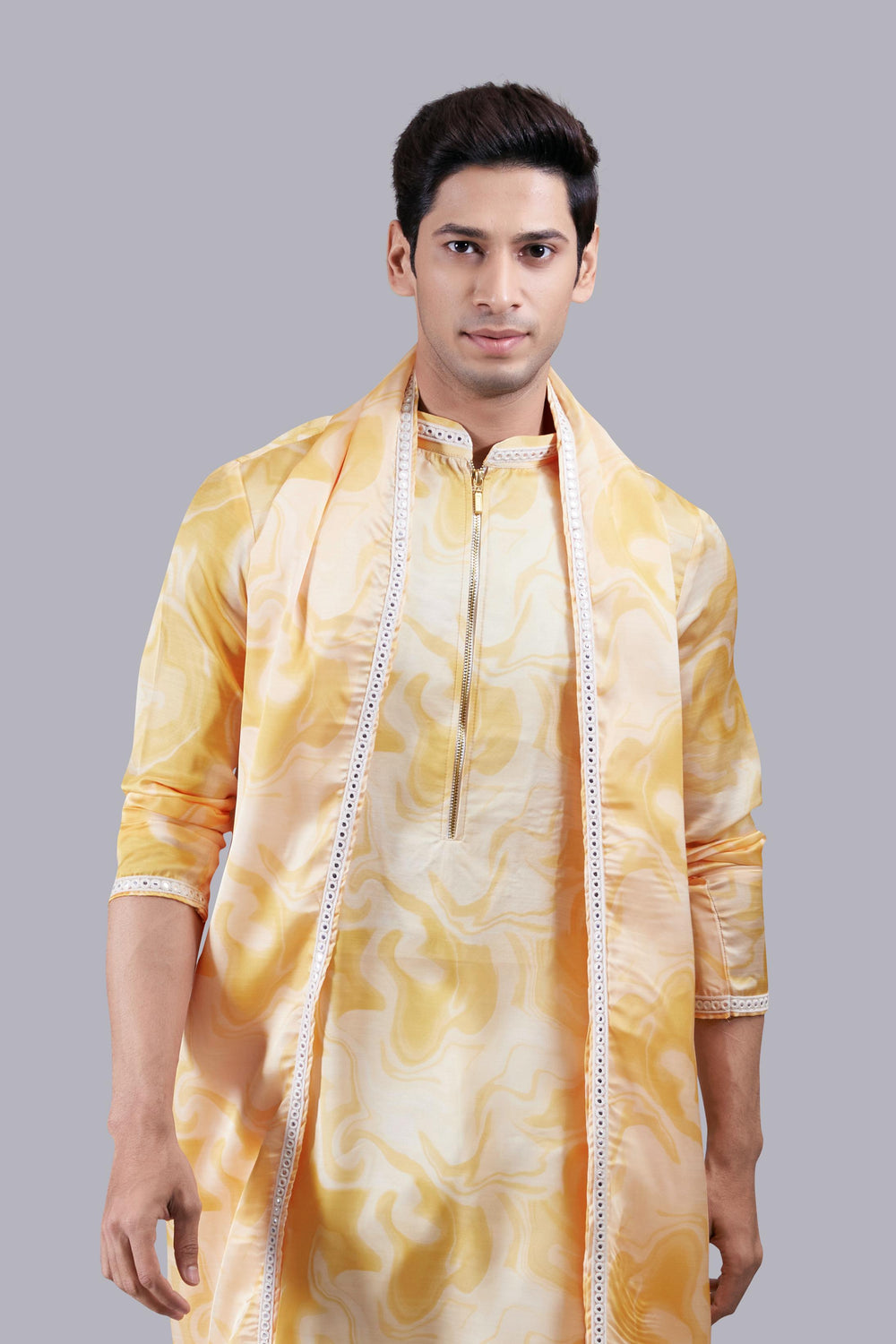 YELLOW LINEN SILK MIRROR WORK KURTA SET
