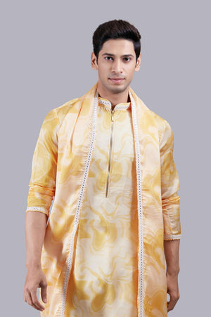 YELLOW LINEN SILK MIRROR WORK KURTA SET