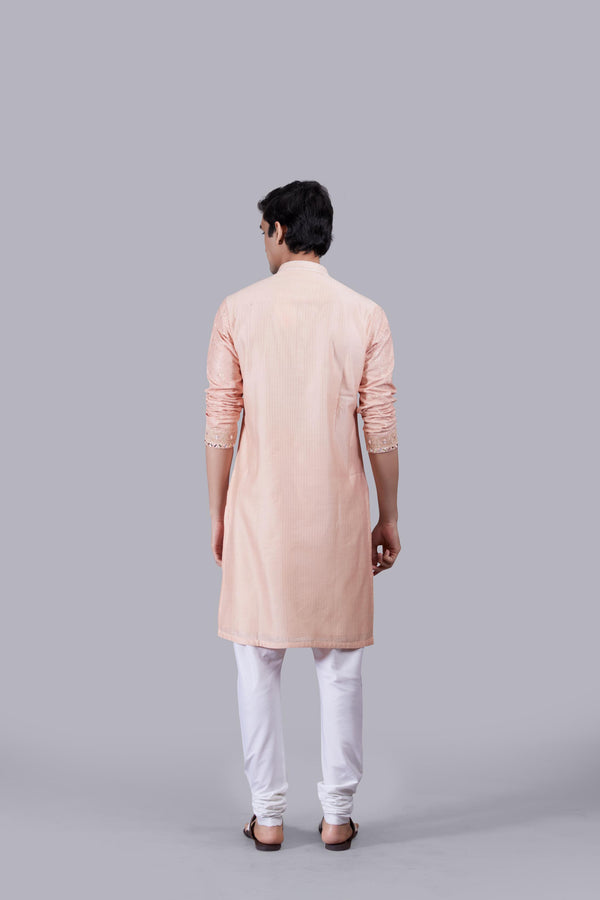 PEACH BANARASHI JACQUARD SILK THREAD WORK KURTA SET