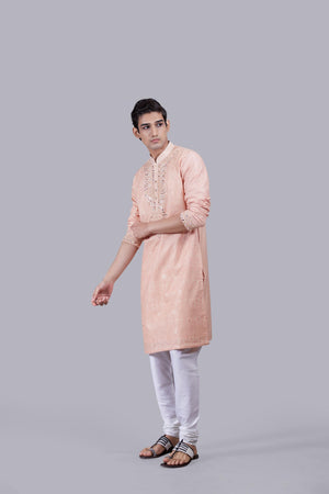 PEACH BANARASHI JACQUARD SILK THREAD WORK KURTA SET