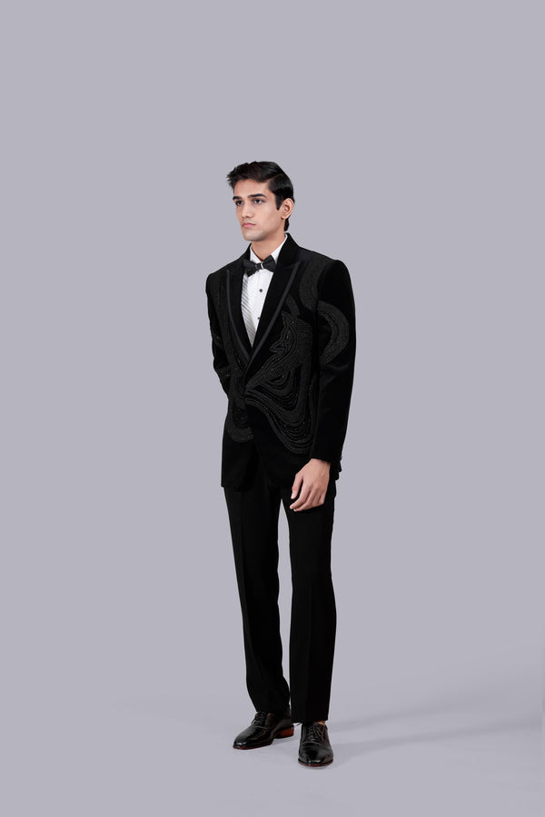 BLACK ITALIAN COTTON VELVET FRENCH KNOT WORK SUIT