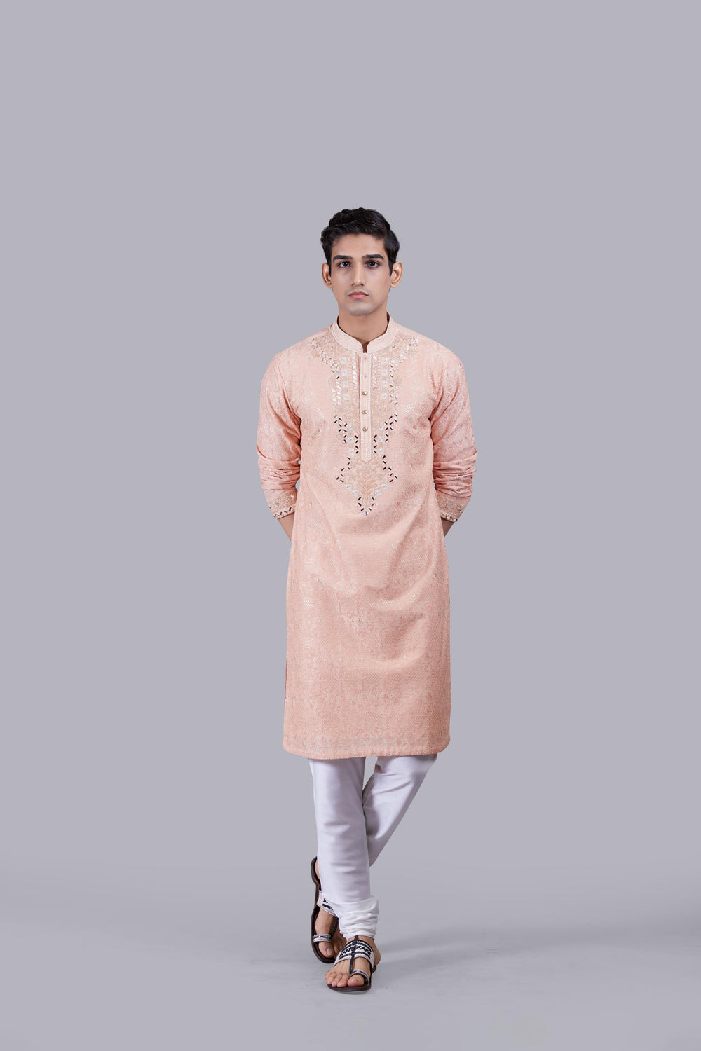PEACH BANARASHI JACQUARD SILK THREAD WORK KURTA SET