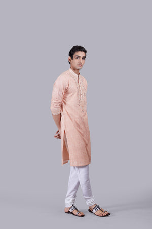 PEACH BANARASHI JACQUARD SILK THREAD WORK KURTA SET