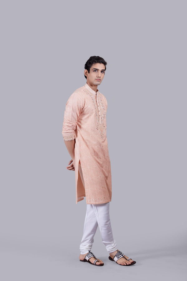 PEACH BANARASHI JACQUARD SILK THREAD WORK KURTA SET