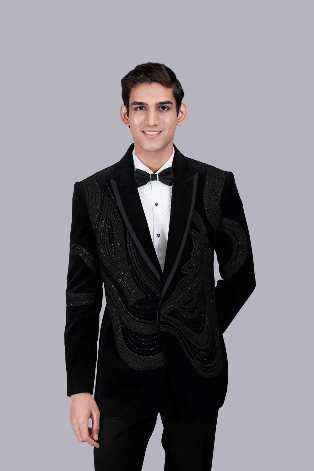 BLACK ITALIAN COTTON VELVET FRENCH KNOT WORK SUIT
